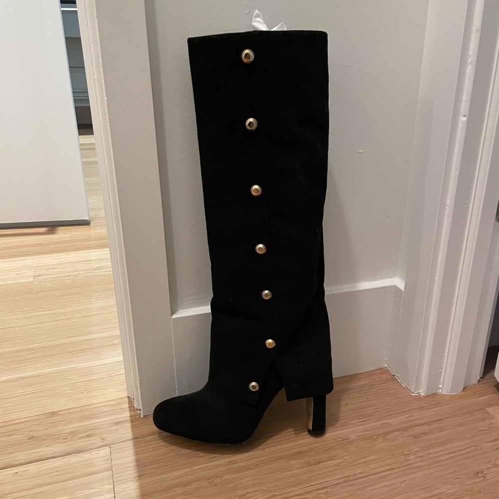 Brand New Black Stuart Weitzman Suede Fold Over Studded Boots - Made in Spain